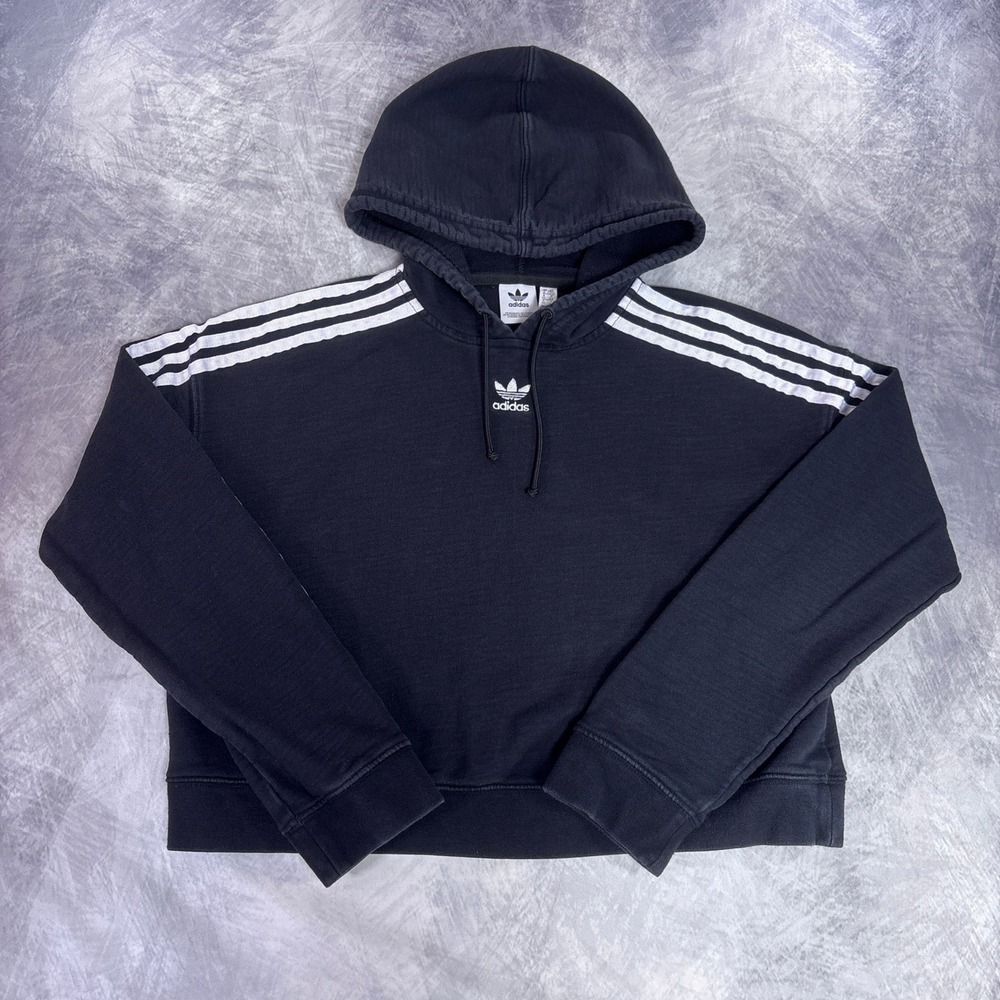 adidas Originals Cropped Hoodie Women XS Black 3-Stripes Trefoil Pullover